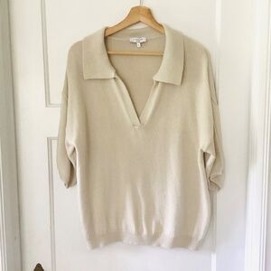 J. Society Women's Sz L Oatmeal 100% Cotton v-neck polo top oversized preppy
